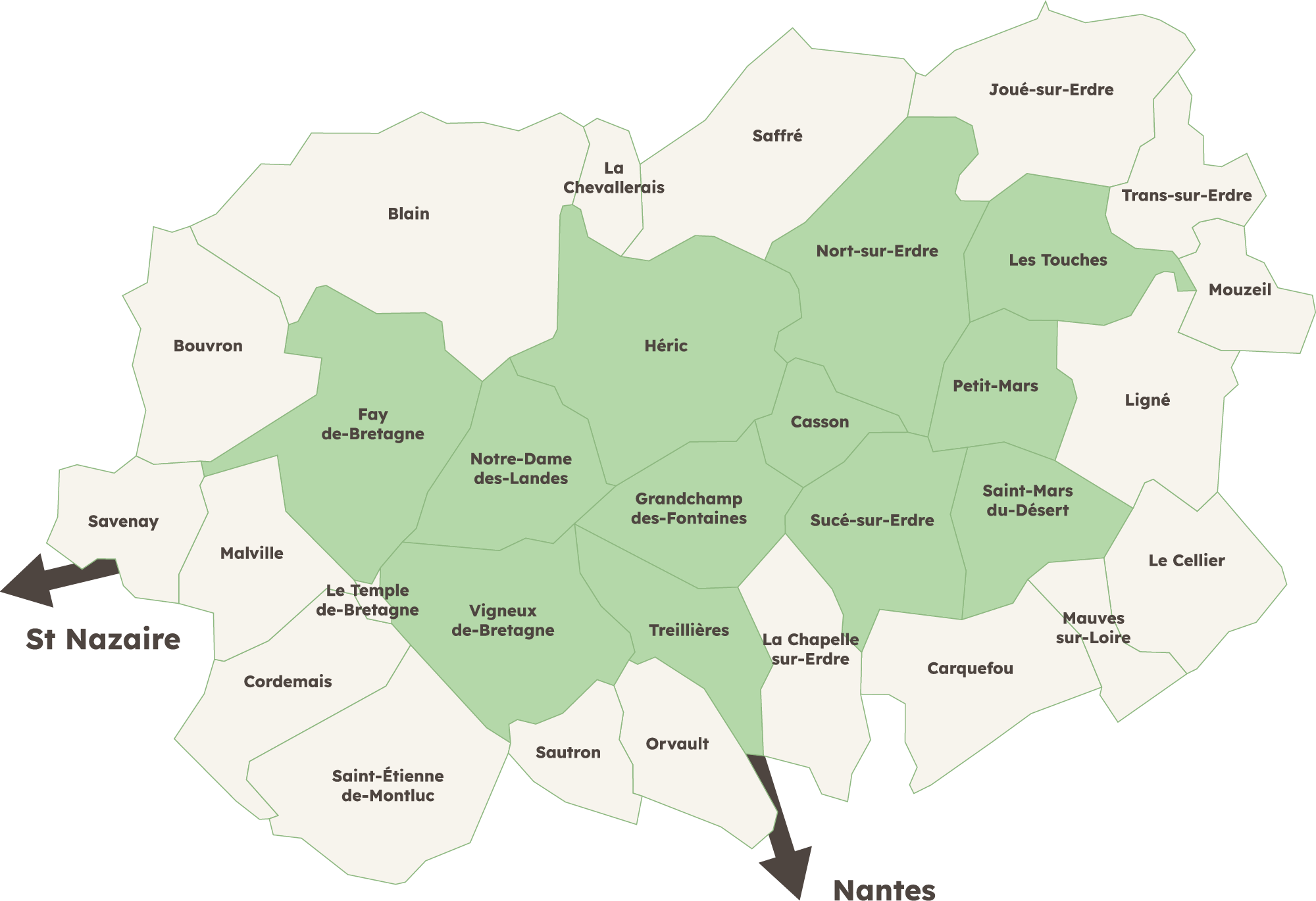 Carte du secteur d'intervention de Nadège Gilet, assistante sociale indépendante en Loire-Atlantique